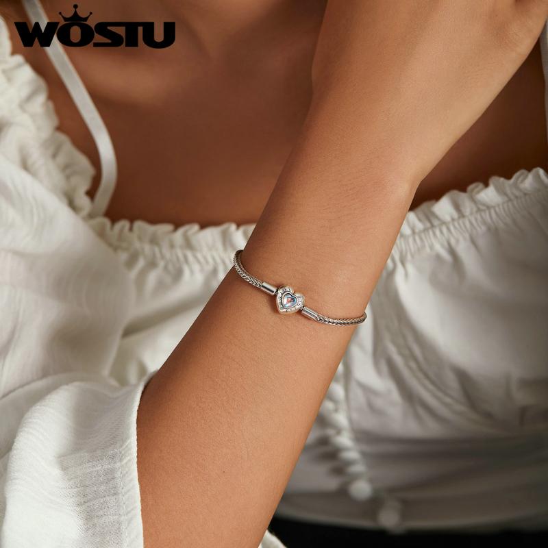 WOSTU 925 Silver Heart Rainbow Moonstone Basic Chain Bracelets Charm Lettering Engrave Forever Love Women's Hand Wrist