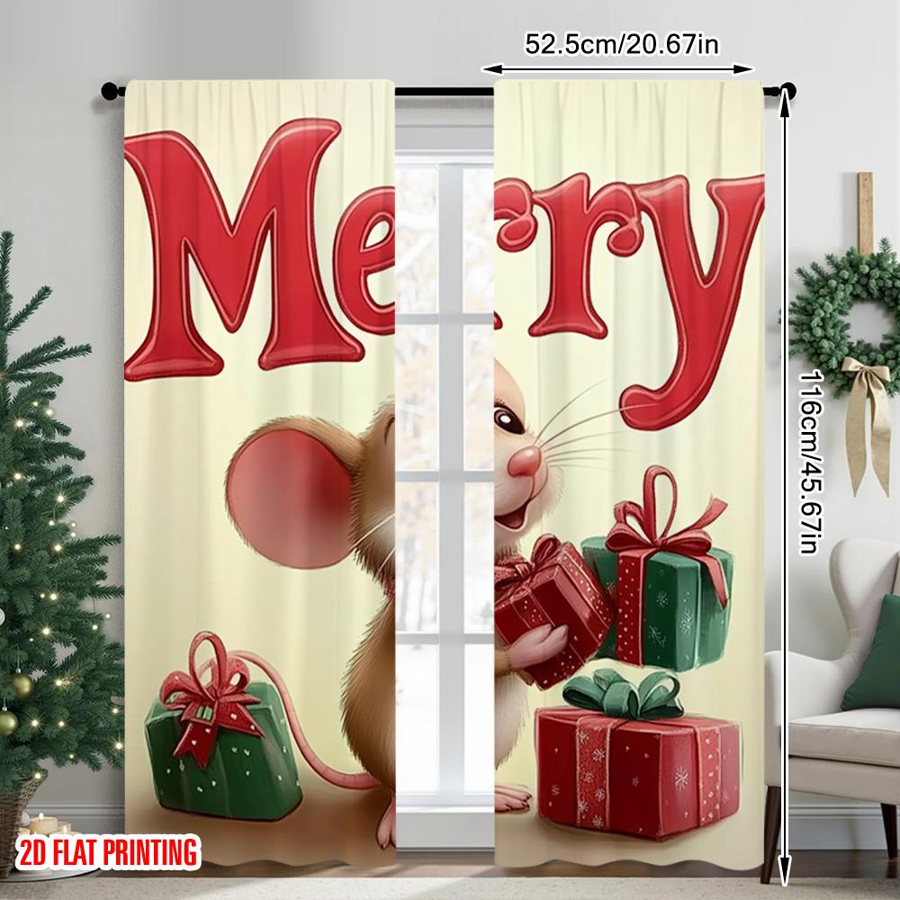 2pcs 2D flat printing Merry Christmas Party Curtains Christmas Mouse_ Versatile Durable Polyester Without Electricity Holiday