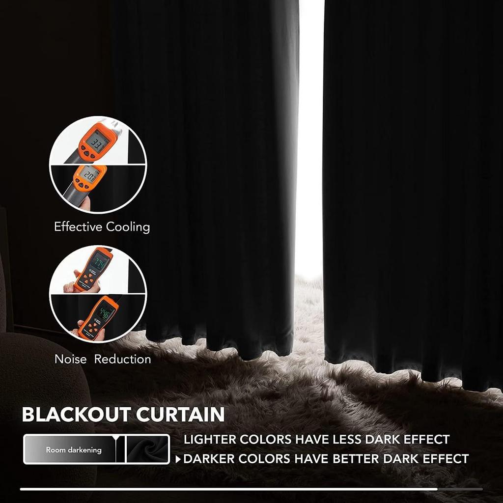 Set of 2 Room Darkening Thermal Insulated Polyester Blackout Curtain  ( Black )