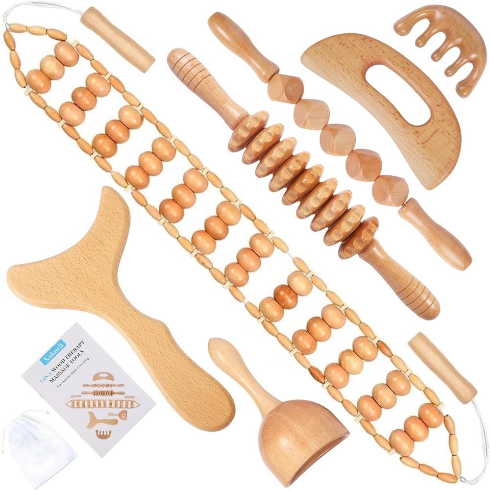 7-in-1 Wooden Therapy Massage Tool Lymphatic Detox Massager Relieves Muscle Pain | Body Sculpting Tool Set Anti-Fat Granules, Shaping