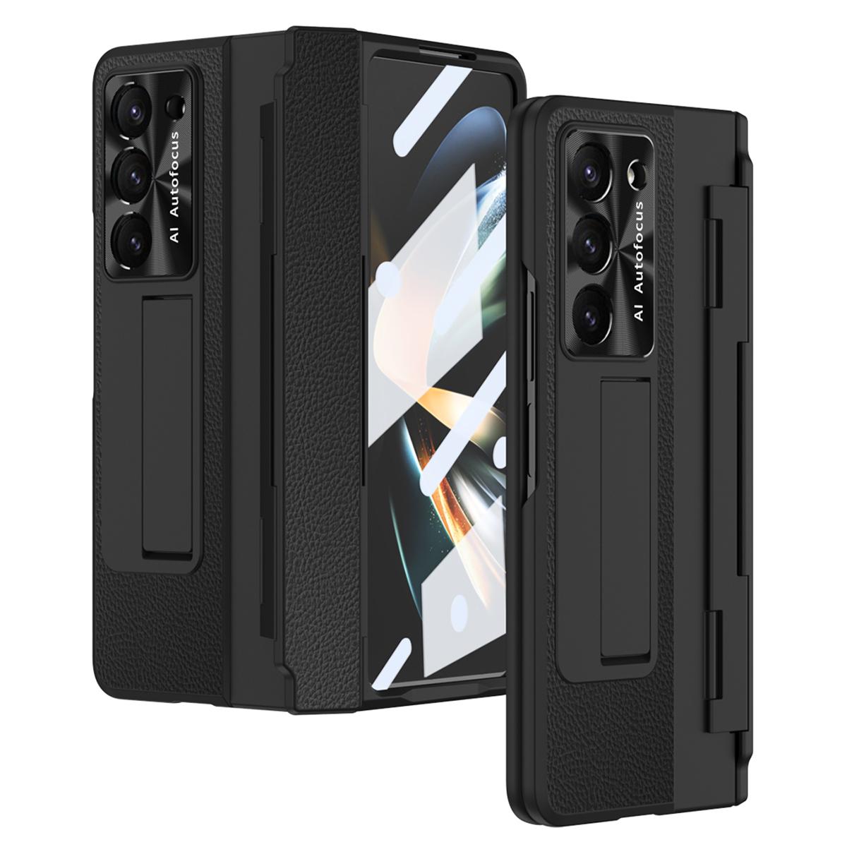 

For Samsung Galaxy Z Fold5 5G Kickstand Phone Case PU Leather+PC Shockproof Protective Cover with Tempered Glass Film Black