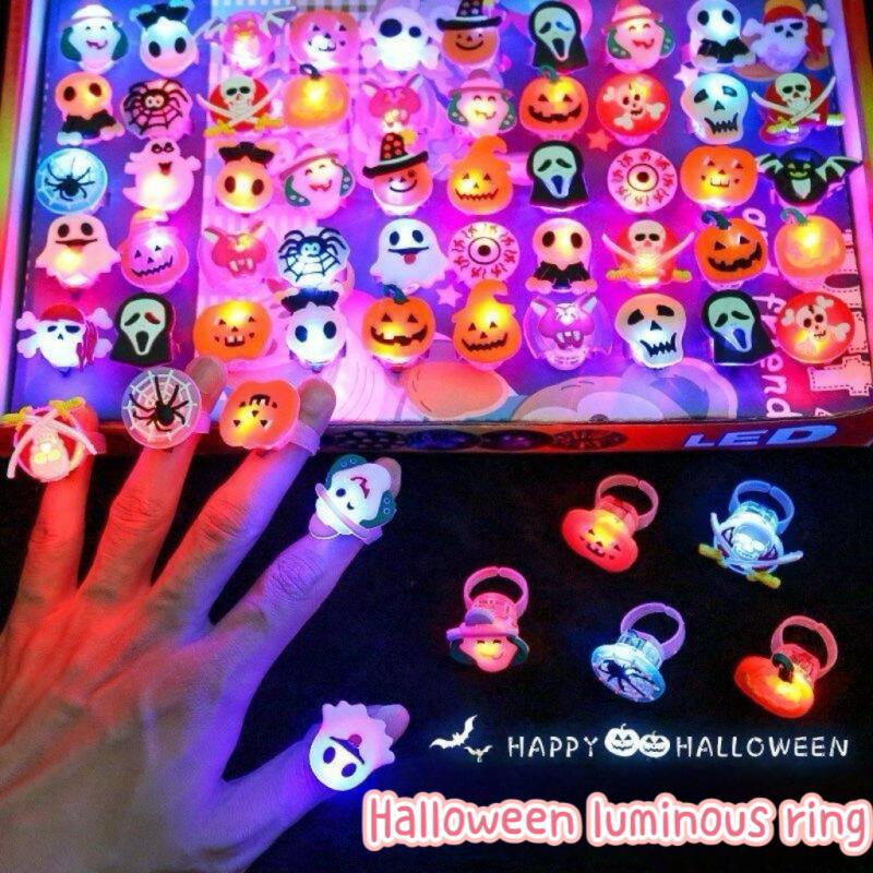 50PCS LED Luminous Halloween Rings Creative Pumpkin Ghost Skull Glowing in Dark Rings For Halloween Party Decoration Supplies