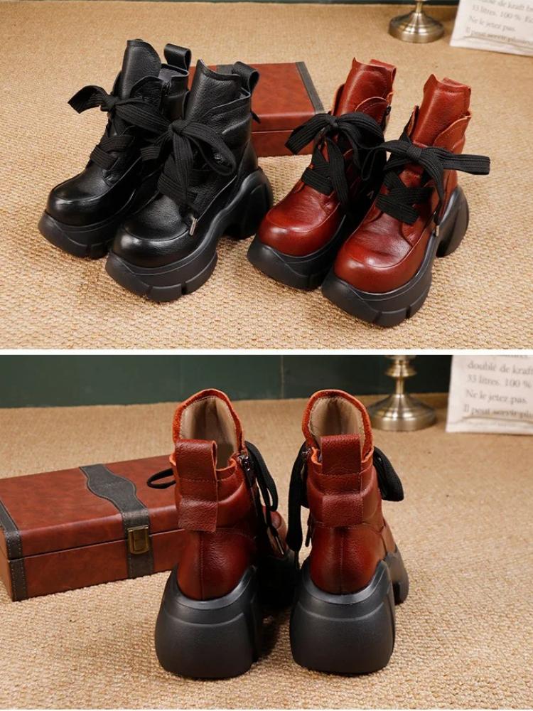 Johnature Genuine Leather Thick Soled High-heeled Boots Retro Lace-up Women's Short Platform Boots
