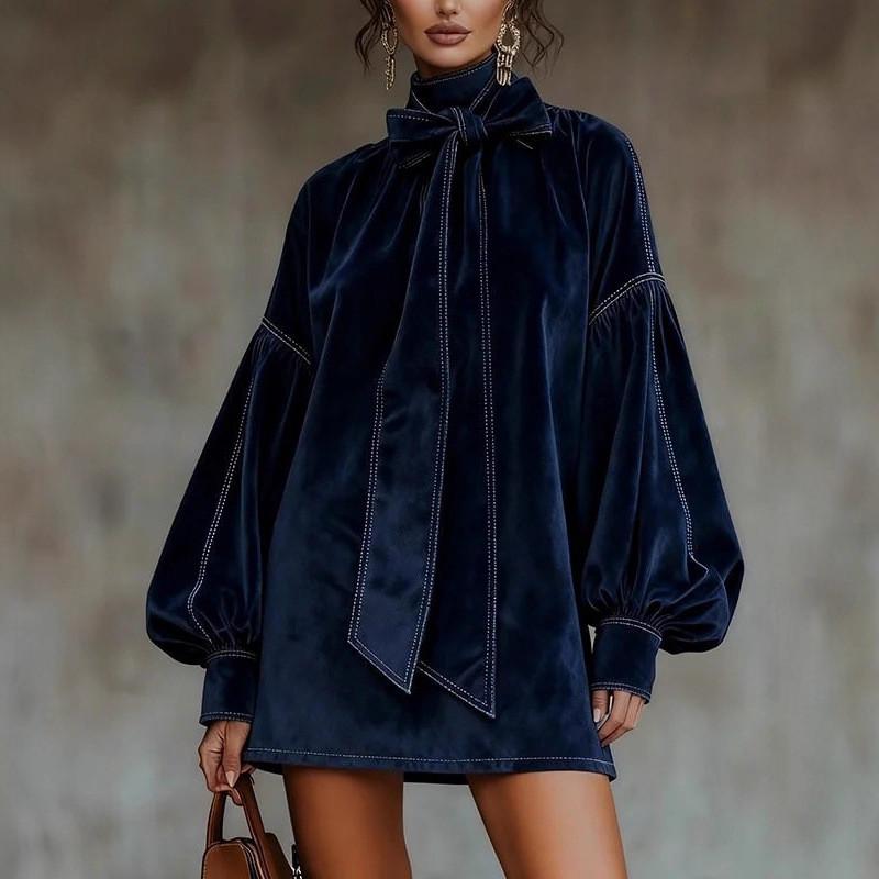 Velvet Butterfly Bow High Neck Dress With Ruffled Sleeves For Casual Office Wear