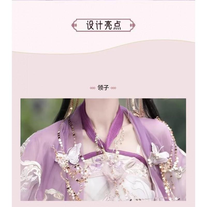 Womens Tang Dynasty Inspired Embroidered Hanfu Set With Wide Sleeves Peony Print Chest-Tie Skirt Scarf