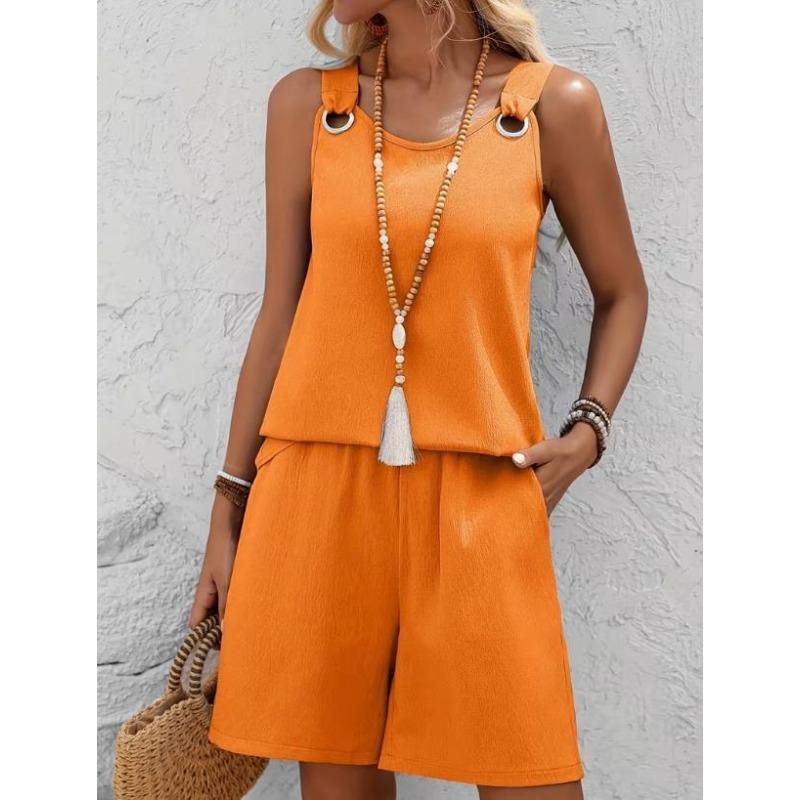 Western Spring Summer Fall New Solid Color Craft Fabric Double Pocket Sleeveless Top and Shorts, Vacation Style Elegant Casual Set