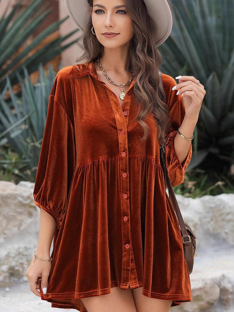 2025 Autumn Women's Solid Velvet Single-Breasted Pleated Long Sleeve Shirt - European and American Style