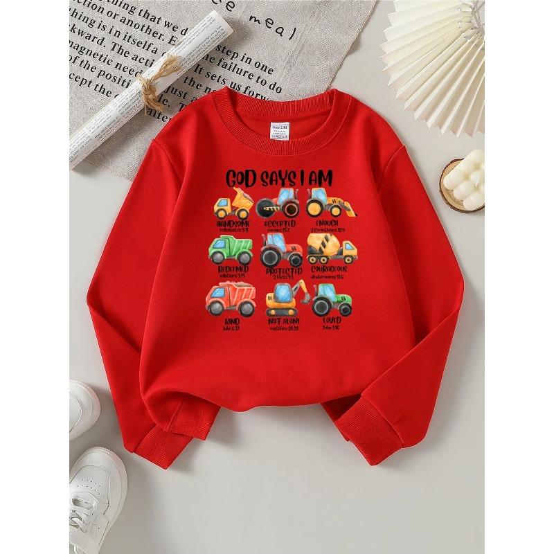 Construction Vehicles Kids Art Print Girls' Fashionable Crewneck Sweatshirt, Autumn and Winter Western Style Top, Children's Long Sleeved T-shirt
