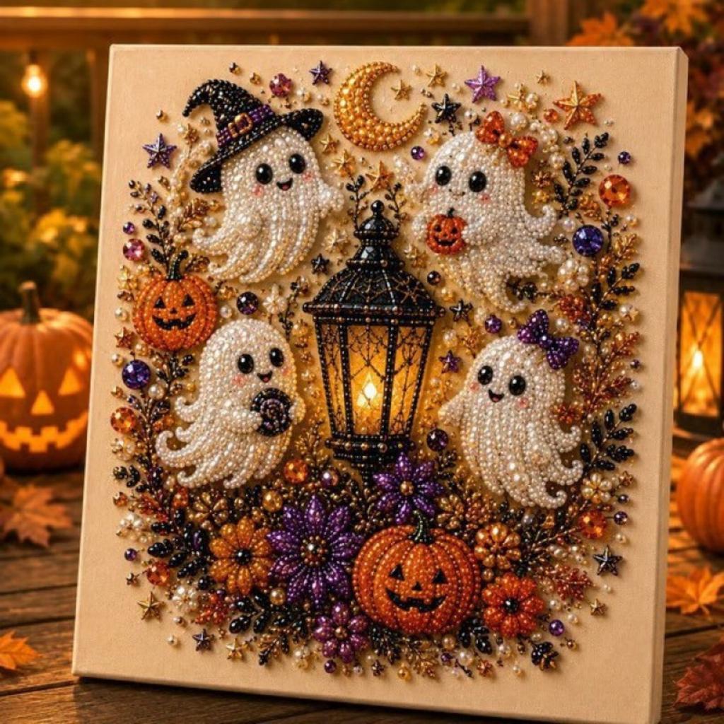 Halloween Pearl Art DIY Kit, Ghost Pumpkin Diamond Painting Craft Set, Sparkling Bead Embroidery Wall Decor for Halloween Home Decoration