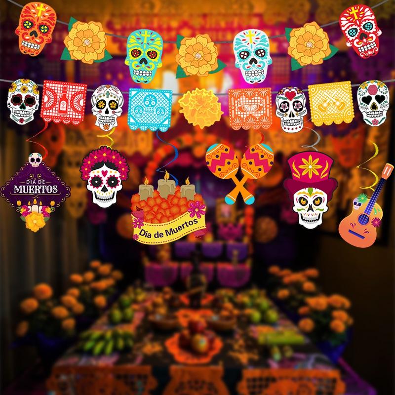 Mexican Day Of The Dead Party Decoration Pull Flag Banner Skull Head Banner Flag Cake Topper Halloween Wall Decoration