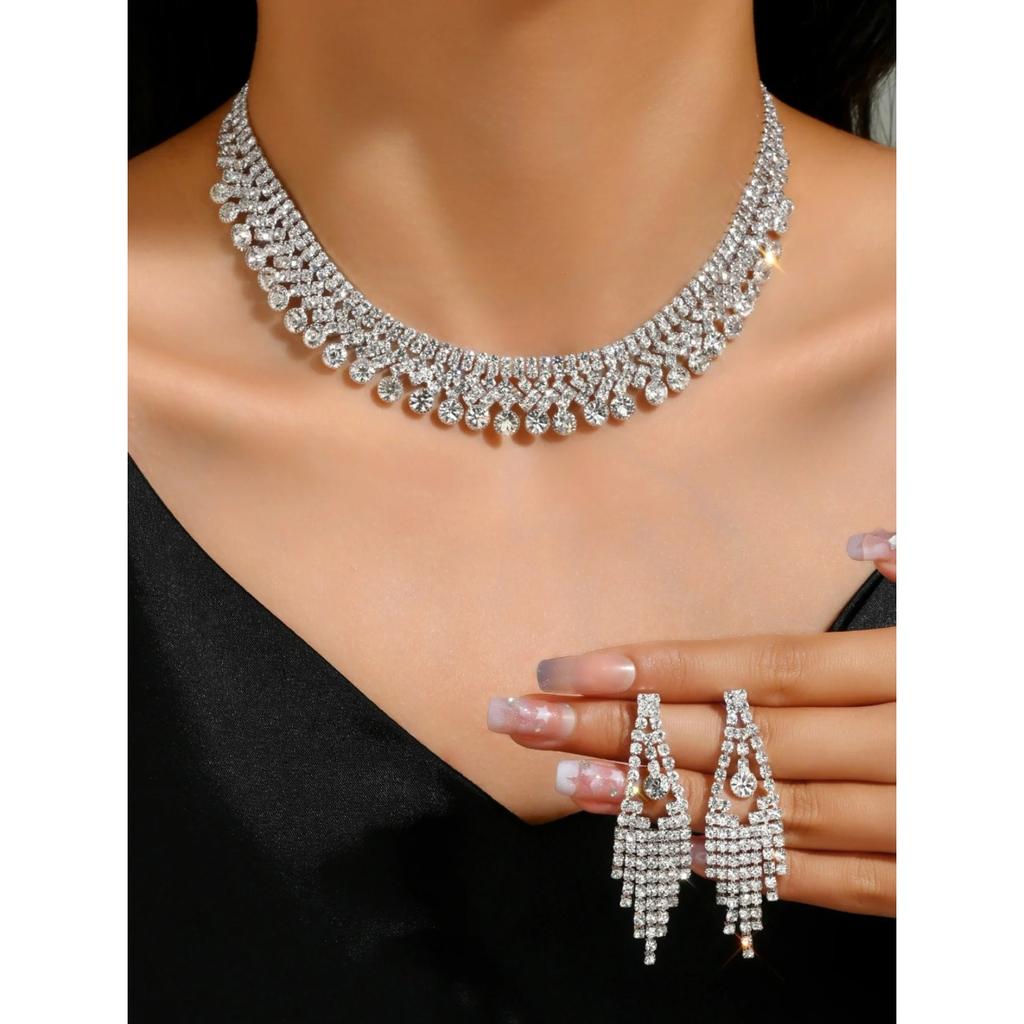 3PCS Fashion Jewelry Set Tassel Water Diamond Earrings Necklace Party Fashion Accessories