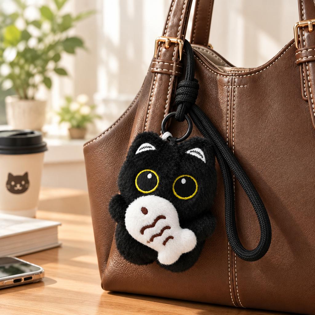 Black Cat with Fish Plush Keychain, Lanyard Style, 1 Piece