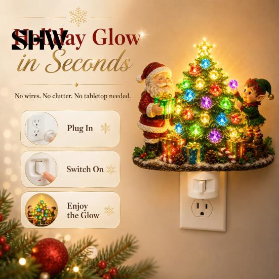 Indoor Holiday Lighting Christmas Santa Elf Decorative Plug-in Night Light, Resin Tree Wall Festive Room Decoration Nightlight, Vintage Xmas Ornament