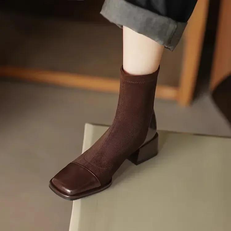 Dámská móda Čtvercová špička Robustní podpatek Krátké boty Nové Podzim Zima Stručné Elastické Úzké Vysoké podpatky Boty Zapatos De Mujer