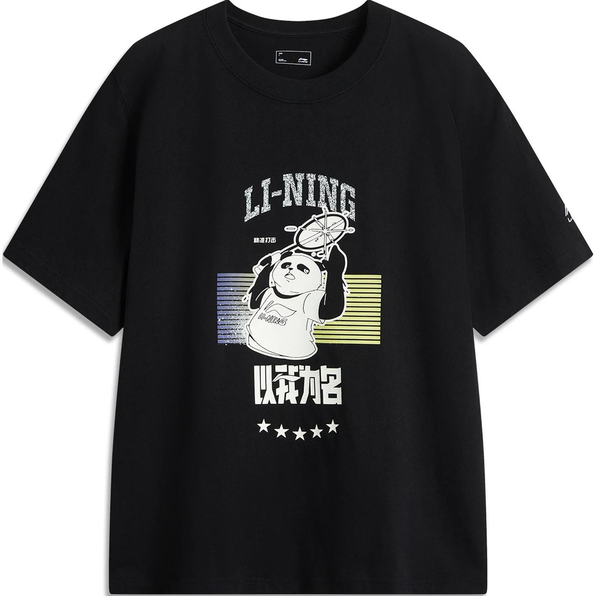 Li-Ning Panda T-Shirt With Letter Print Comfortable Breathable Short Sleeve Unisex Tops Black AHSUF35-1 L