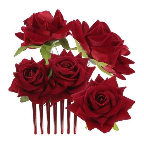 Lurrose Red Hair Clips Set of 4, Bridal Wedding Hair Accessories, Bride Hair Ornaments, Lightweight 43G, Kanzashi-style Hairpins, Realistic Rose
