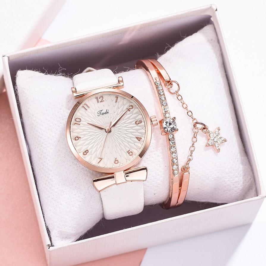 Hers Watch Sets Women Watch Top Brand Luxury Ladies Wristwatches Leather Strap Bracelet Quartz Watches for Women Pink Dial Clock