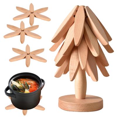 Leeseph Wooden Tree Coasters, Tree Shape Trivets Set, Trivets for Hot Dishes Like a Christmas Tree (4 Wooden Trivet + 1 Stand)