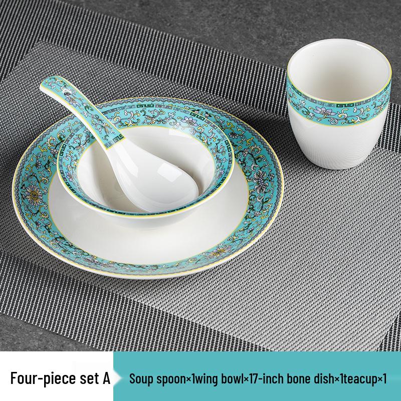 Set di stoviglie smaltate in stile cinese: Set di 4 ciotole, piatti e stoviglie in ceramica per uso in ristoranti e hotel