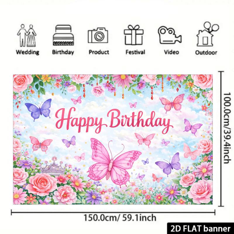 1Pcs Butterfly Pink Roses Birthday Cake Decoration Background Backdrop For Photo Studio Photo Booth Party