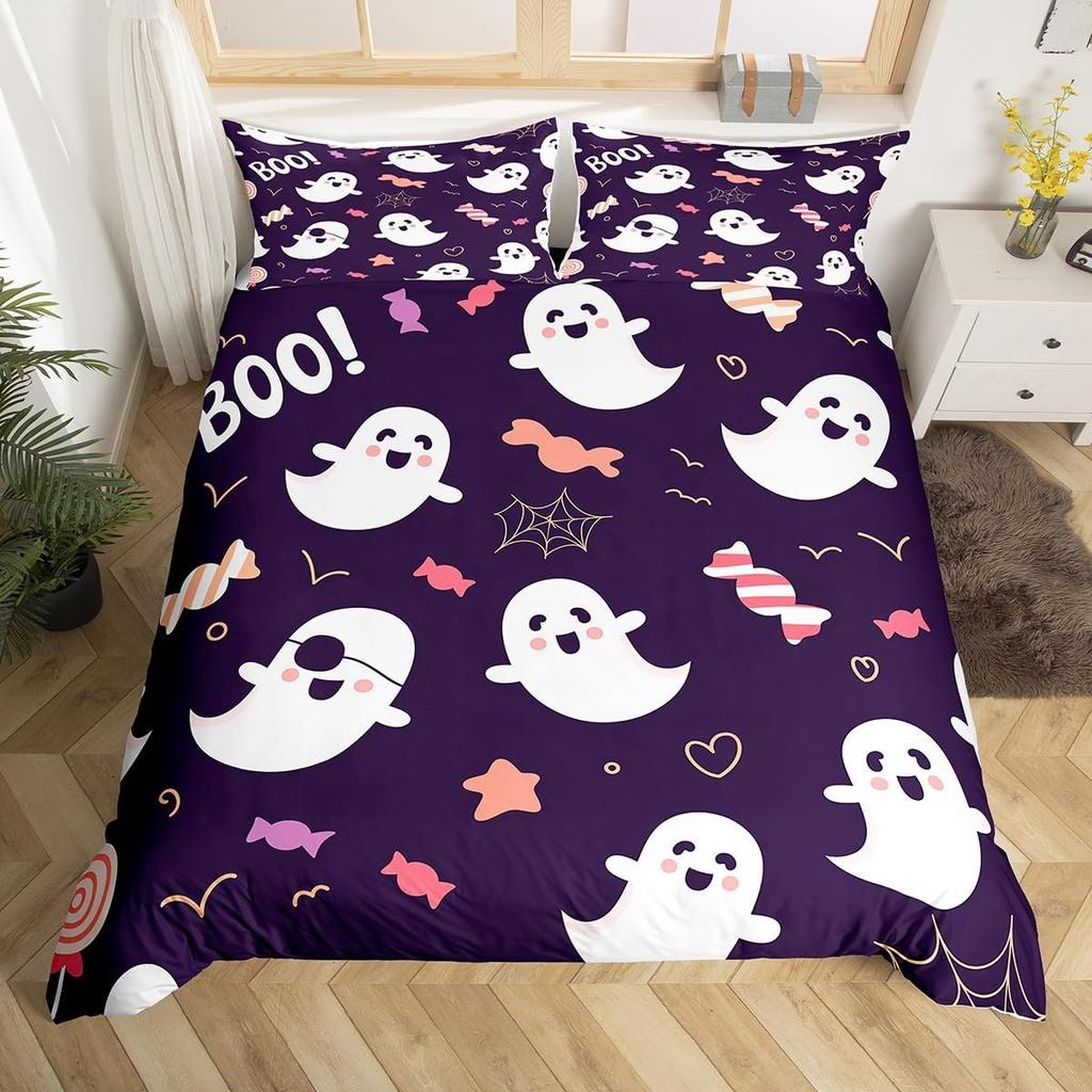 Halloween Ghost Duvet Cover Kawaii Cartoon Ghost Bedding Set Twin Queen For Boys Girl Room Decor Happy Halloween Comforter Cover