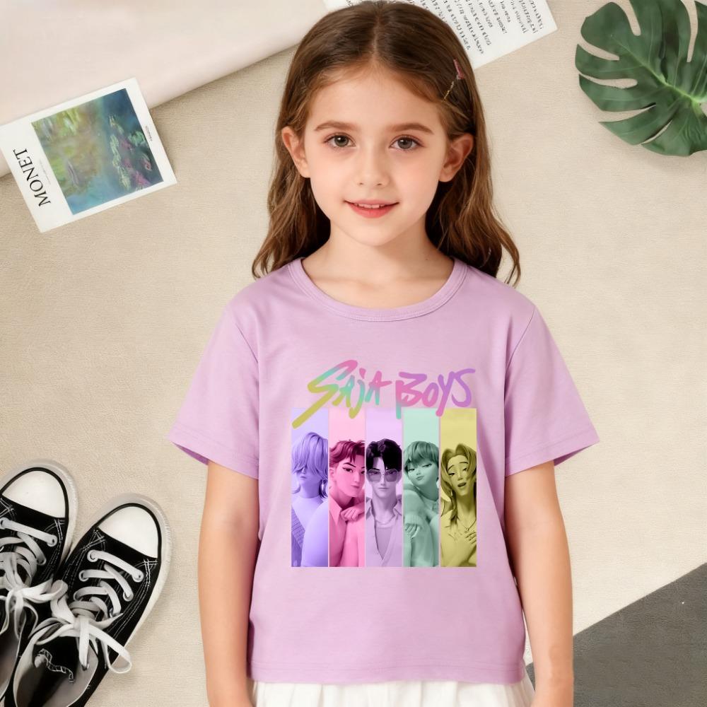 

2025 Фильм K-pop Охотник на демонов Детская футболка с коротким рукавом K-pop Руми Мира Зойе K-pop Девушка-воин Футболка с круглым вырезом 100