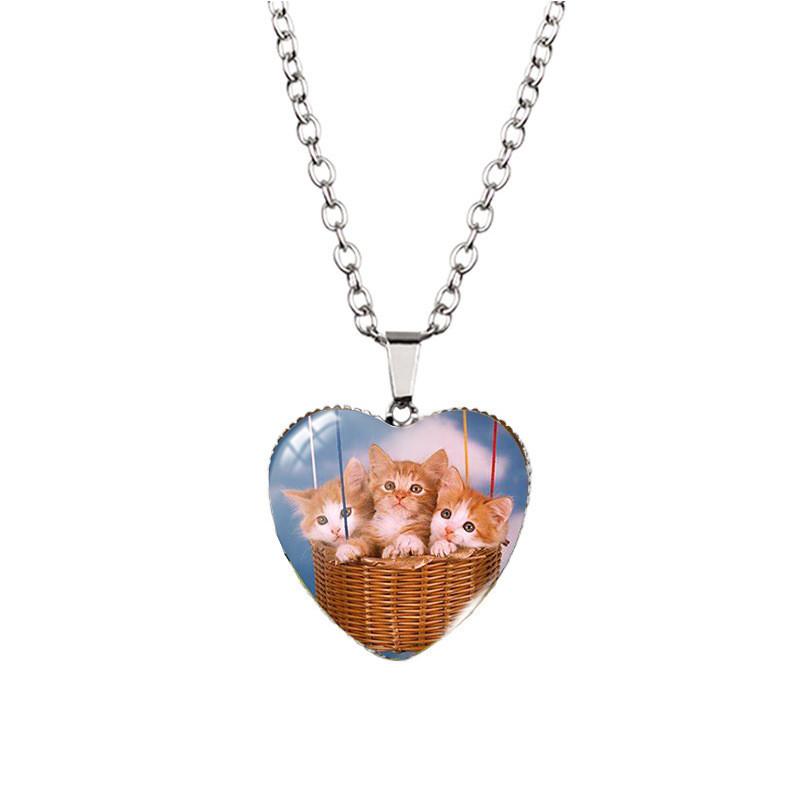 Adorable Heart Shaped Animal Time Gemstone Necklace With Charming Cat Pendant For Women