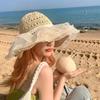 WTEMPO Khaki Beige Ins Elegant Lace Straw Hats with Large Brim Women Summer Vacation Beach Seaside Pearls Mesh Sun Hats
