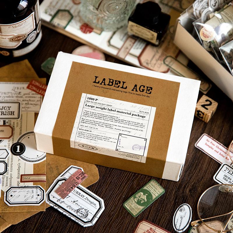 1000 pcs vintage era label stickers boxed large capacity material bag Label Pocket decor collage Scrapbooking accessories