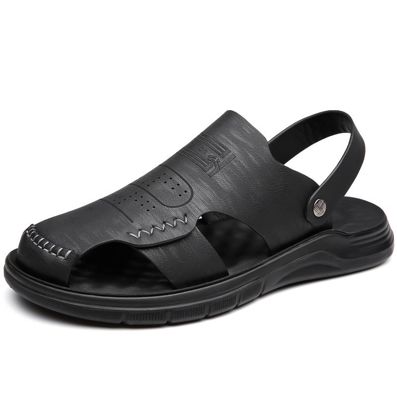 

Мужские сандалии Нескользящие Натуральная кожа Высокое качество Повседневные летние шлепанцы Износостойкая толстая подошва Уличная обувь Мужская 38 чёрный