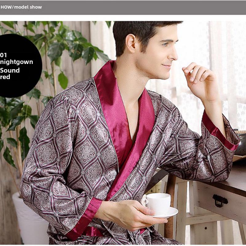 Men's Lightweight Long-Sleeve Silk Bathrobe and Pajamas Set
