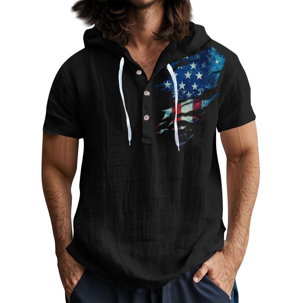 Men'S Casual Short Sleeved Hooded Top Buttoned Open Neck T-Shirt