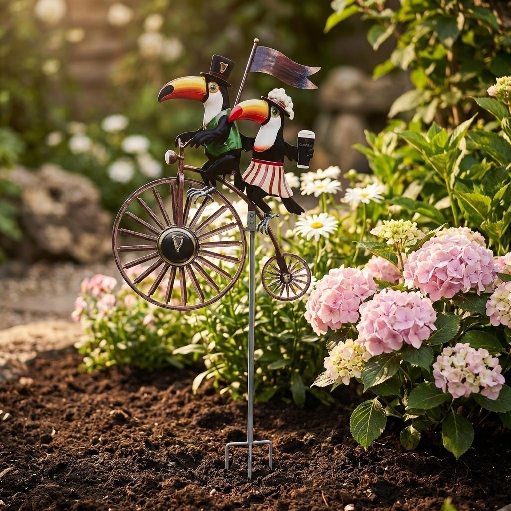Outdoor Rotating Wind Spinner with Two Toucan Birds on Vintage Bicycle Garden Yard Decoration Metal Windmill Stake for Lawn Patio