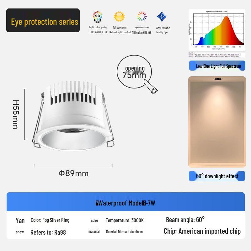Wasserdichter blendfreier beschlagfreier Einbaustrahler mit schmalem Rand für Küche und Badezimmer