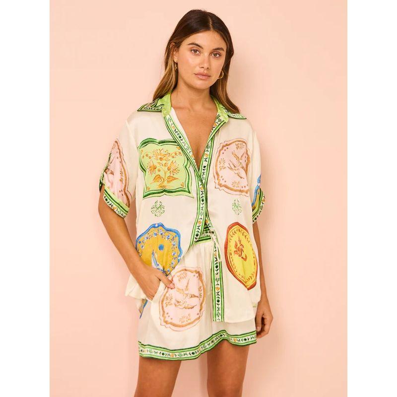 

Independent Station Print Satin Blouse Collar Casual Shorts Milky White S