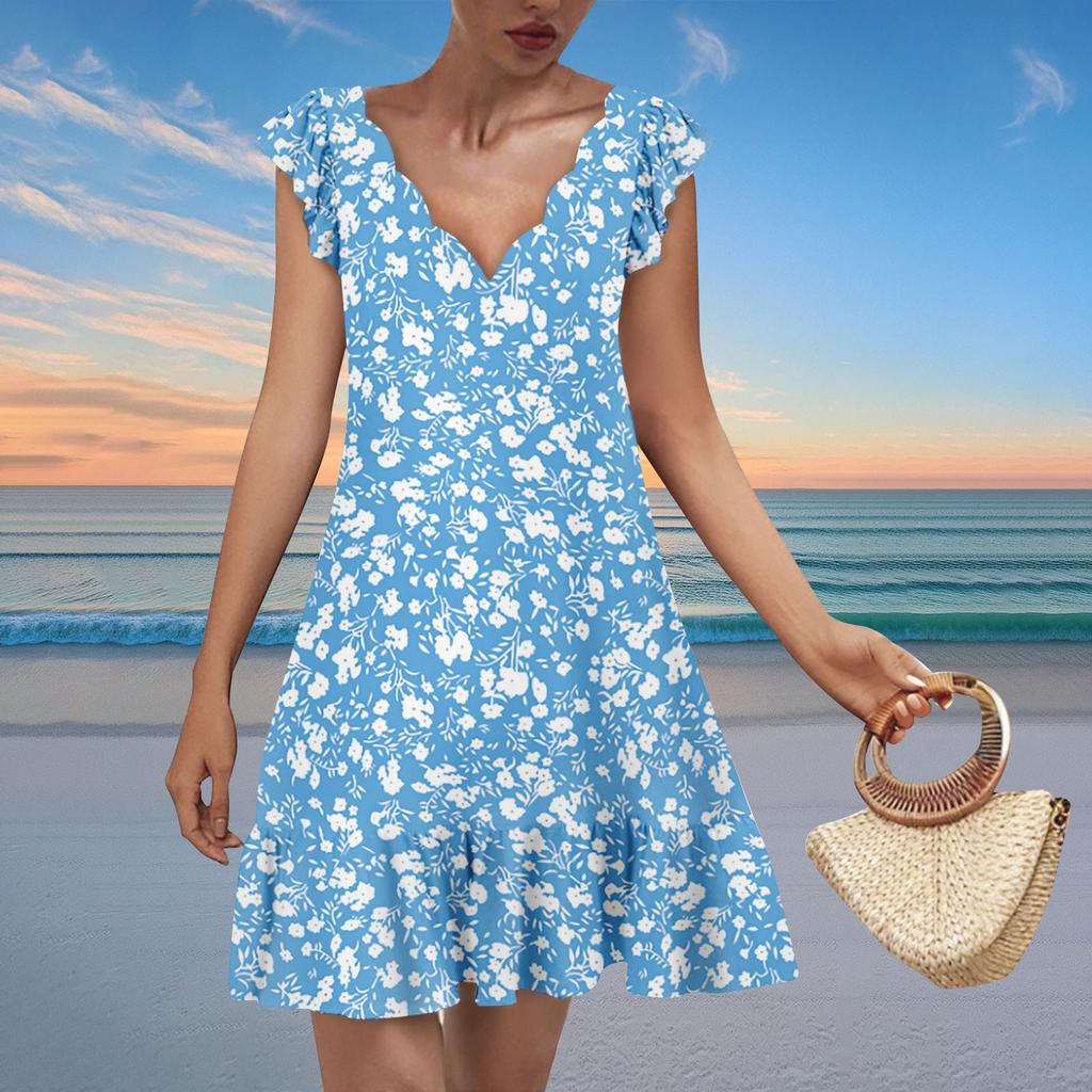 Damenmode Lässig V-Ausschnitt Wellenkante Blumendruck Kurzarmkleid