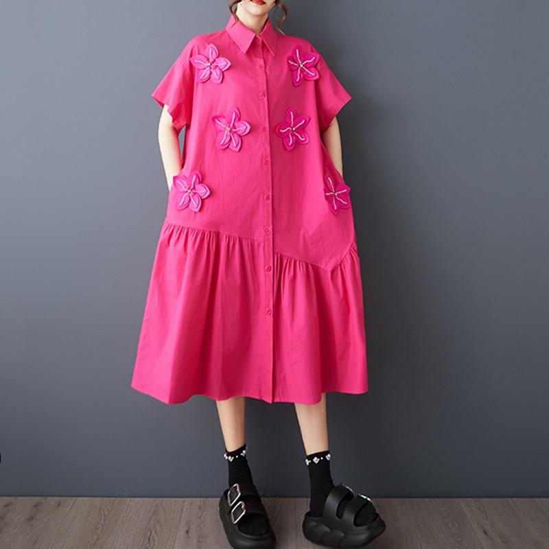 

Новое хлопковое винтажное платье с цветочным принтом больших размеров с короткими рукавами для женщин, повседневное свободное длинное летнее платье-рубашка розы красного