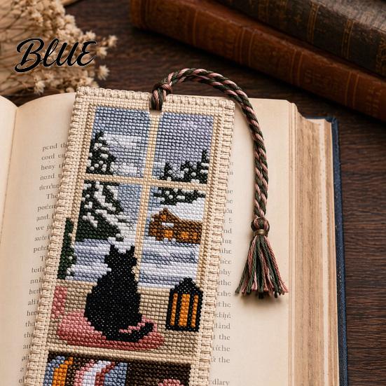 Cross-stitch Bookmark Seasonal Cat Cross-Stitch Bookmark Four Seasons Black with Artistic Braided Rope Handcrafted Book Page Marker for Lovers