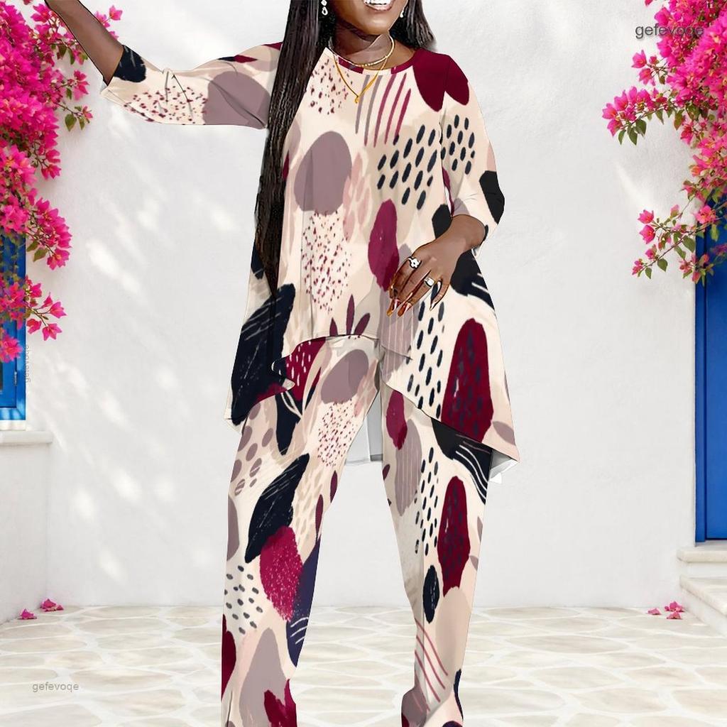 Women Plus Size Two Piece Pants Set Round Neck Three Quarter Sleeve Printed Layered Top And Long Pants