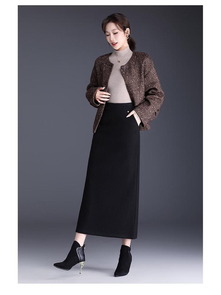 High-Waisted Wool Midi Skirt with Slit – 2025 Winter Style
