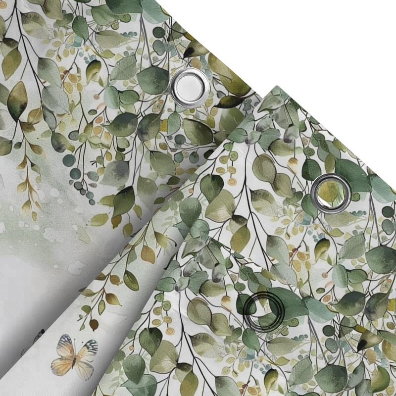 Charming Green Leaves and Butterflies Shower Curtain for Bathroom Decor Eco Friendly Waterproof Fabric with Hooks Enhances