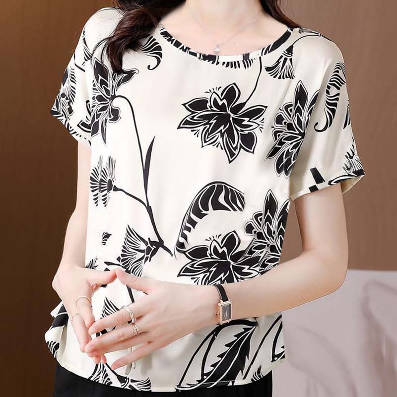 Dámské tištěné tričko volného střihu s kulatým výstřihem a krátkým rukávem Dámský tenký pulovr Top Spodní tričko Léto Nová móda Každodenní běžné nošení