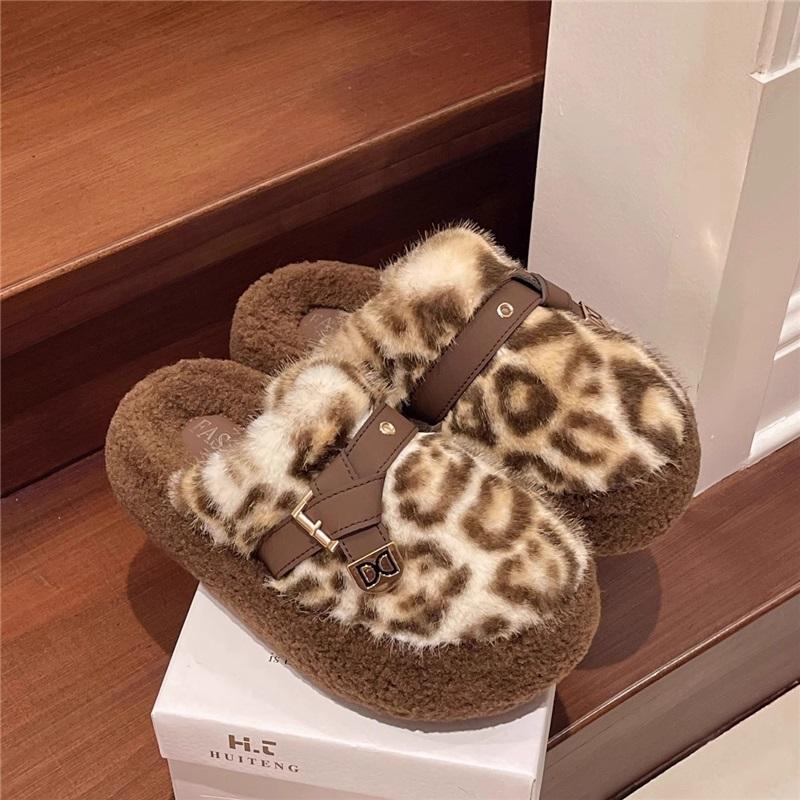 Women's Winter Leopard Print Anti Slip Cotton Shoes