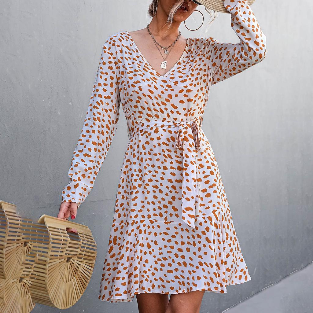 Women's Boho Polka Dot Print V-Neck Long Sleeve Dress