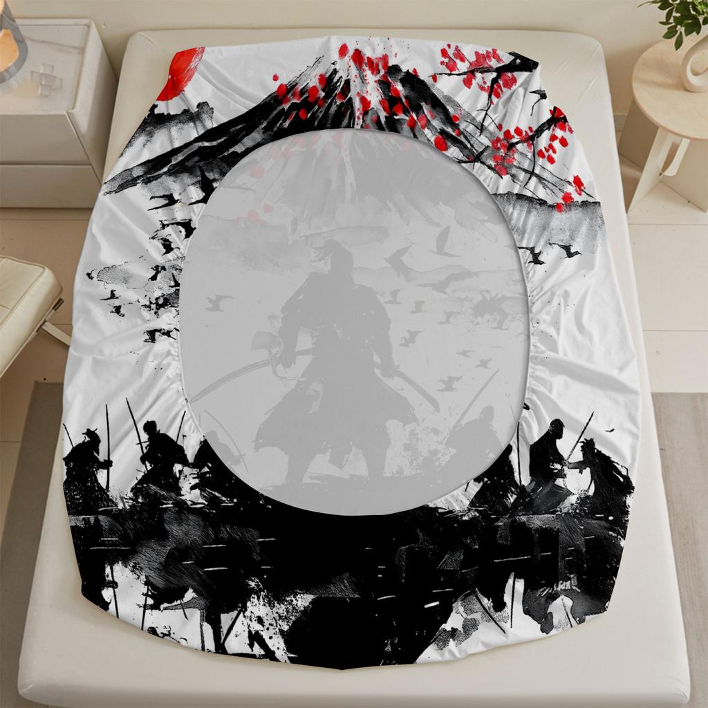 Japanese Samurai Print Fitted Sheet Set 100% Polyester Microfiber Mattress Covers Breathable Bedding Set With 2 Pillowcases
