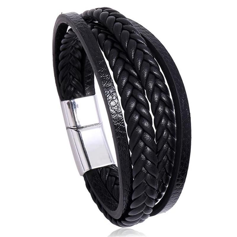 Multilayer Stacking Leather Bracelet Men Handmade Braided Black Silvery Magnetic Buckle Durable Charm Armband Homme Casual Joias