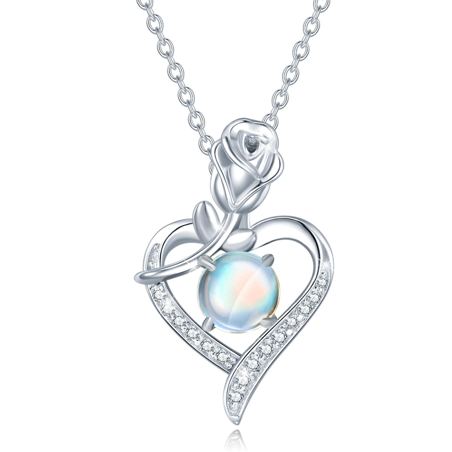 [AGVANA] Women s Moonstone Necklace (June Birthstone) Rose Motif Heart Necklace, Sterling Silver 925, Lucky Charm Jewelry Accessory,