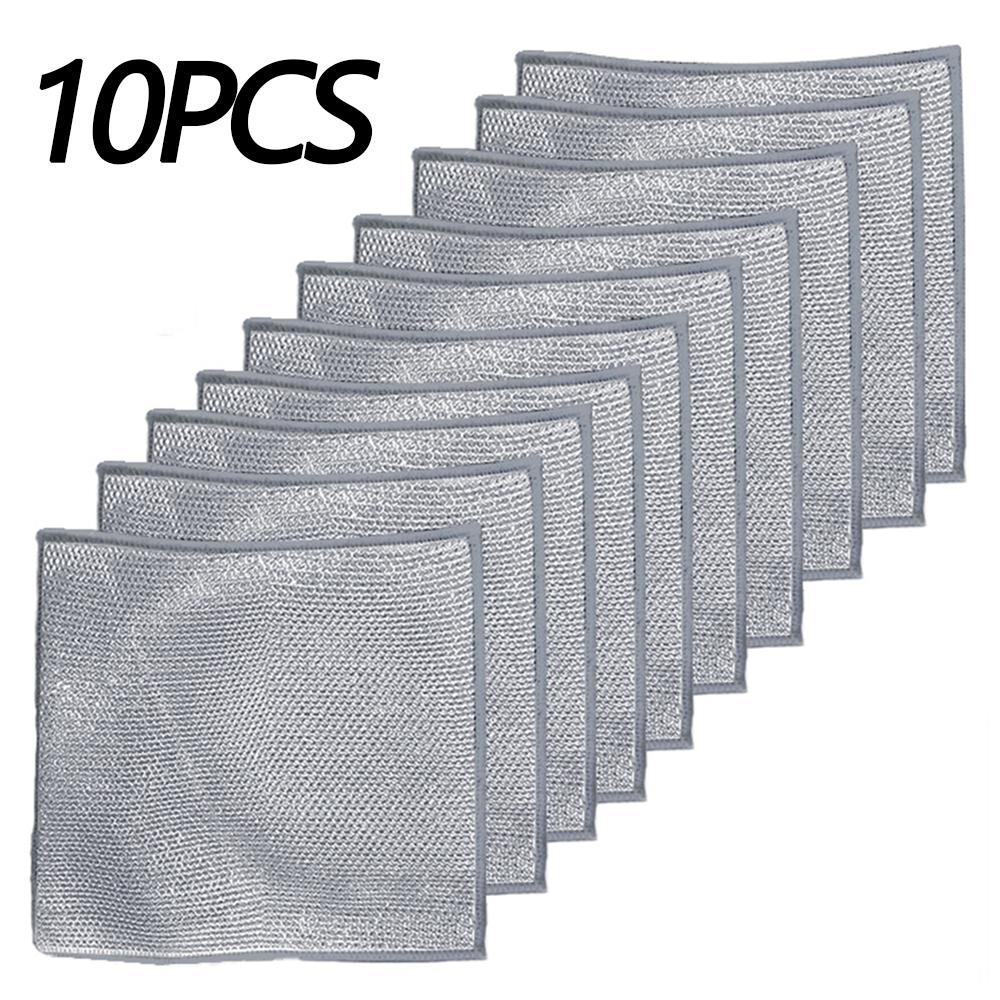 10pcs New Magic Dishcloth Silver Wire Cleaning Kitchen Cloth Thickened Microfiber Wash Towel Built-in Sponge Steel Wire Ball Rag 10pcs