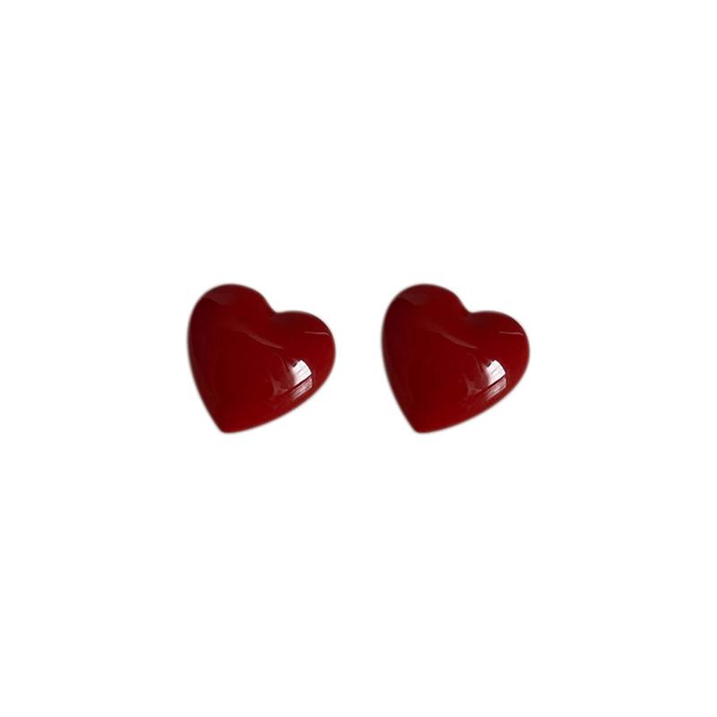 Wine Red Retro Hong Kong Style Heart Earrings - Sweet, Simple, Fashionable, All-Match.