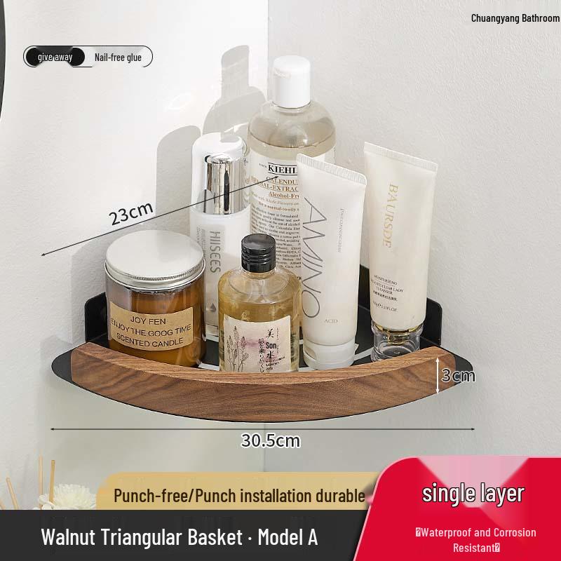 Solid Wood Corner Bathroom Shelf - No-Drill Triangle Storage for Washbasin & Shower Gel